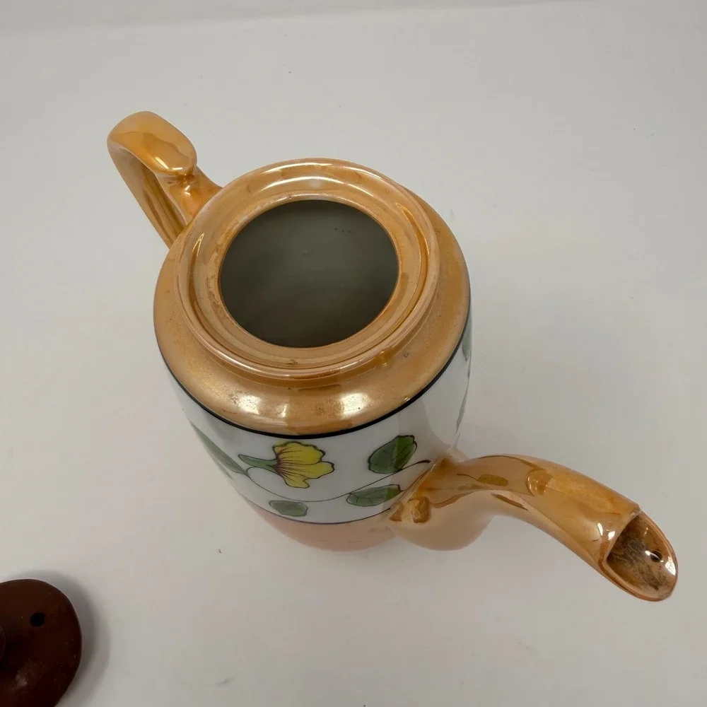 Vintage Japanese Lusterware Teapot Peach Hand Painted Parrot‎ Floral Made Japan